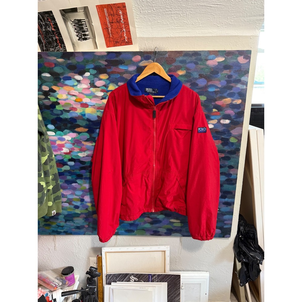 Polo Ralph Lauren Vintage Red Windbreaker Jacket Blue Fleece Collar Mens XL